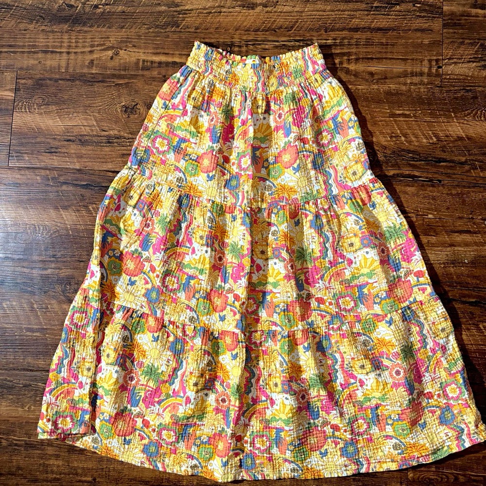 Marine Layer Multicolor Floral Tiered Ruffle Midi Skirt Elastic Waist Size M